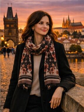 White House Black Market Floral Lightweight Scarf-Black Beige Maroon Spring Wrap